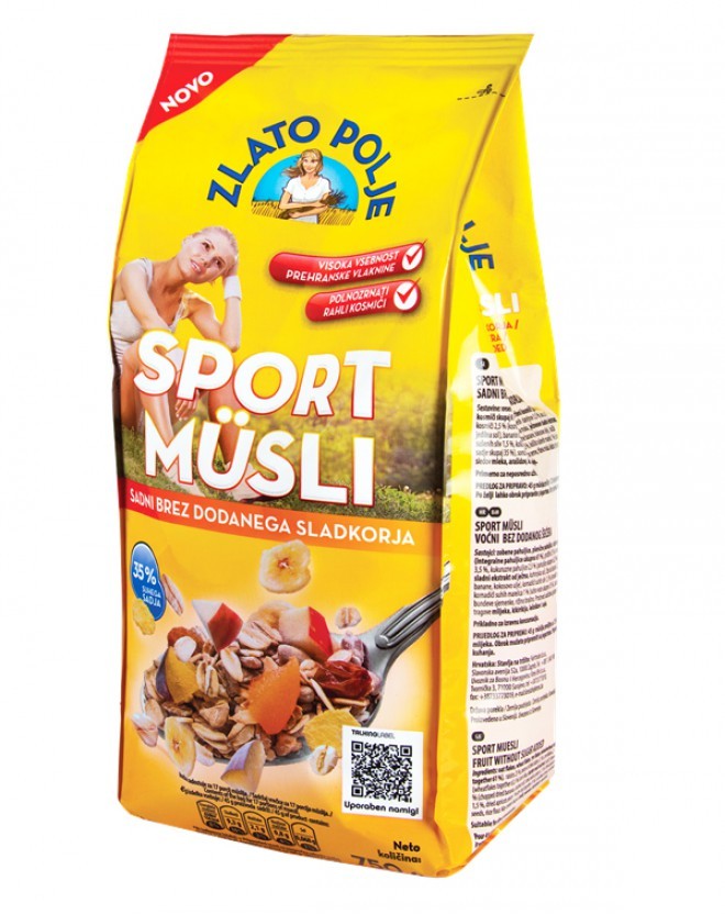 Novost med Sport müsliji Zlatega polja je nov, sadni okus, brez dodanega sladkorja, ki zagotavlja vrhunski zajtrk.