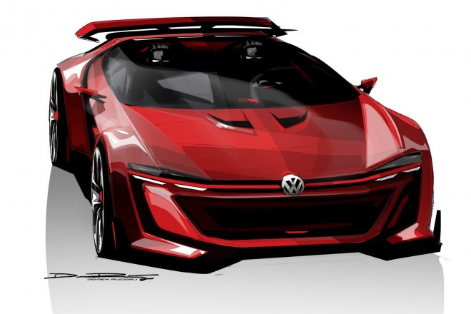 En ritning av konceptstudien av GTI roadster, vilket gav Domen Ručigaj en plats i designteamet för den slutgiltiga bilden av superbilen.