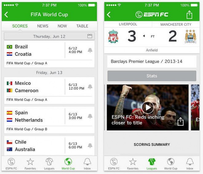 FIFA World Cup und The WatchESPN-Apps.