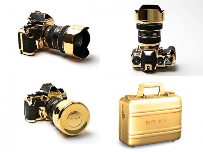 Gold Nikon DF camera and gold carrying case.