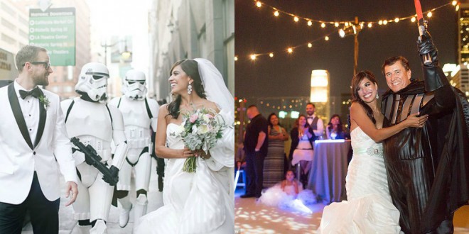 Stormtrooperja iz 501 Legije in nevestin oče, oblečen kot Darth Vader. 