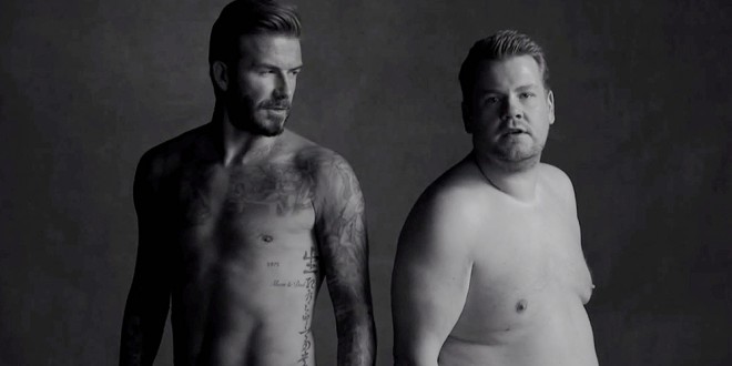 David Beckham og James Corden i en parodi på den fiktive herreundertøjslinje D+J Briefs.