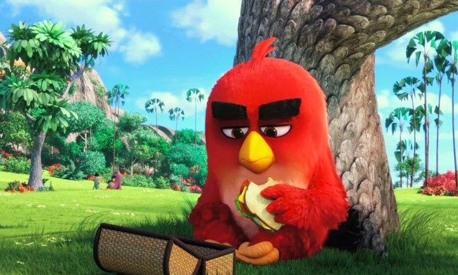 Een scène uit de openingsscène van de trailer van de animatiefilm The Angry Birds Movie.