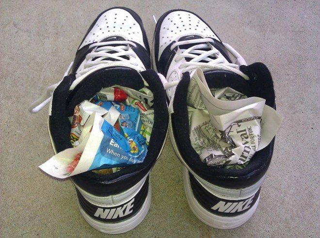 Newspaper is the fastest way to dry your shoes.