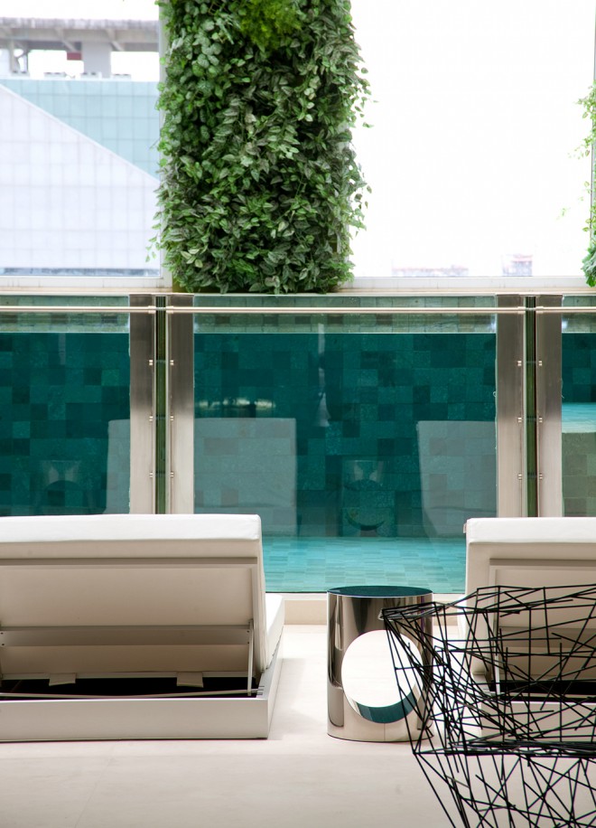 A pool surrounded by greenery on all sides