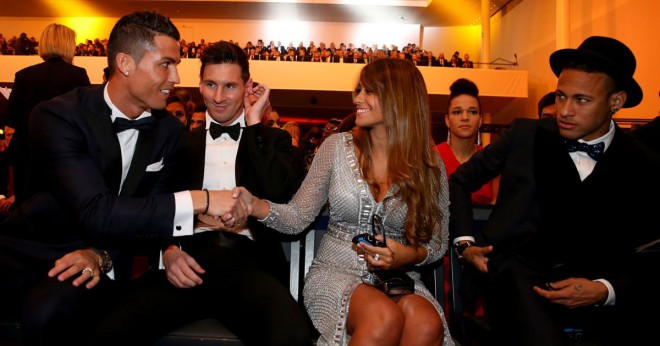 Lionel Messi, Antonella Roccuzzo, Cristiano Ronaldo and Neymar at this year's Ballon d'Or award.