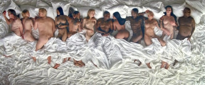 Kanye West in the company of wax dolls in the video for Famous.