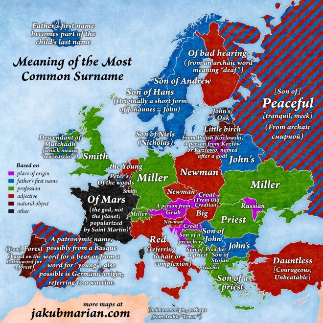 Pomen najpogostejših priimkov v Evropi.
