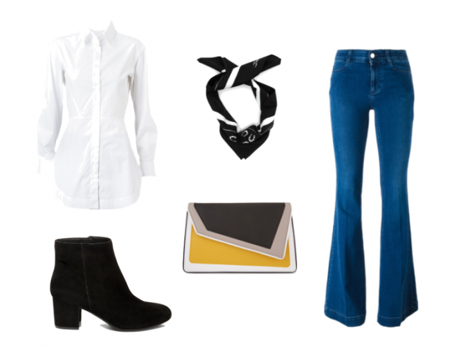 Jeans acampanados + botas negras = una combinación genial.
