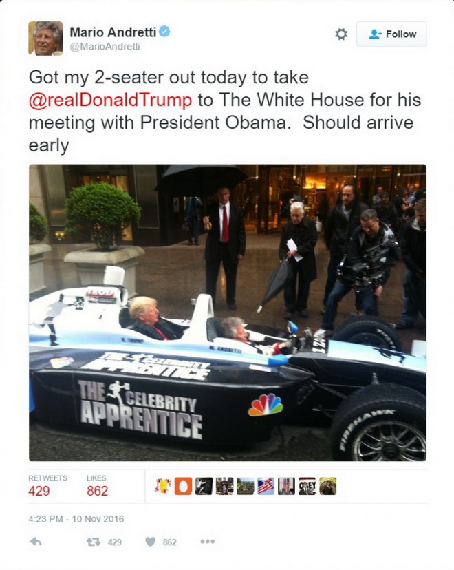 Mario Andretti se je ob zmagi Trumpa spomnil na njuno vožnjo s formulu.
