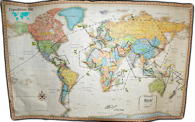 The map with which he plans his journey.