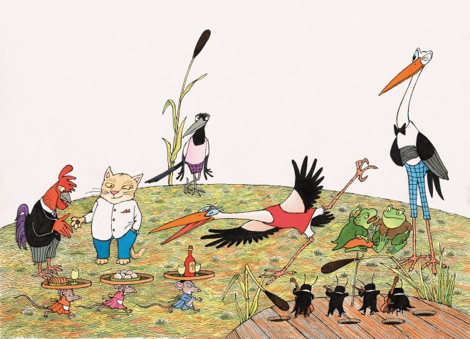 Illustration af Marjan Manček i Niko Grafenauers bog, The Frog Radio Station.