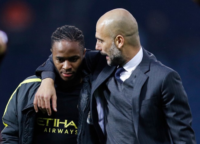Pep Guardiola in Raheem Sterling.