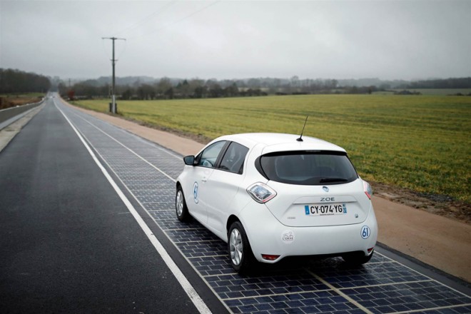 In the French Village, instead of asphalt, you drive on solar panels.