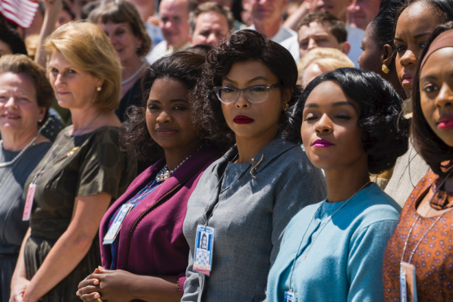 Taraji P. Henson som Katherine Johnson, Octavia Spencer som Dorothy Vaughn og Janelle Monáe som Mary Jackson.