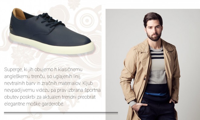 Zapatillas y una gabardina inglesa clásica para una elegancia refinada.