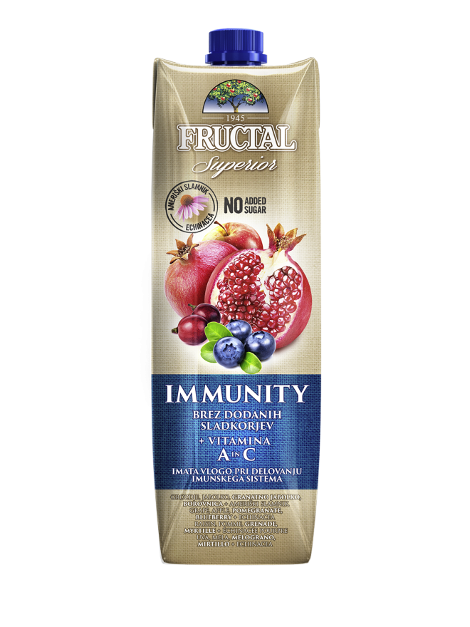 Fructal Superior IMMUNITY مصنوع من العنب والتفاح والتوت والرمان، وقد أضيف إليه مستخلص نباتي من القش الأمريكي وفيتامينات A وC.