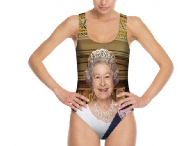 Swimwear with the image of Queen Elizabeth II.
