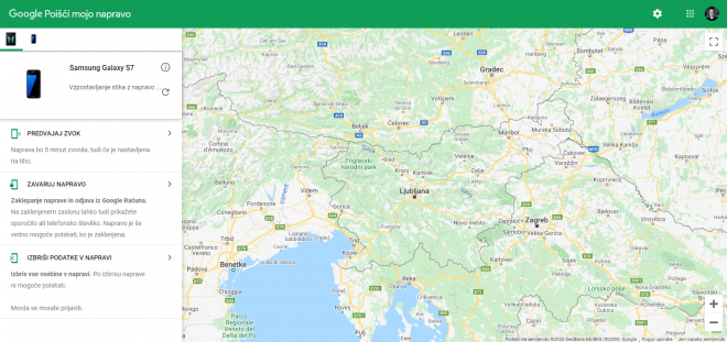 Spletna stran Google Poišči mojo napravo